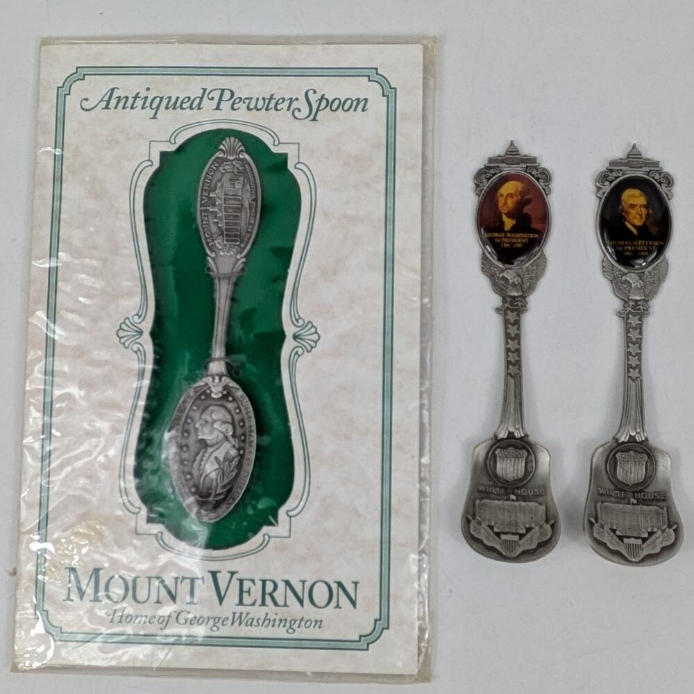 Lot 3 Vintage Pewter Presidential Souvenir Spoons George Washington Jefferson